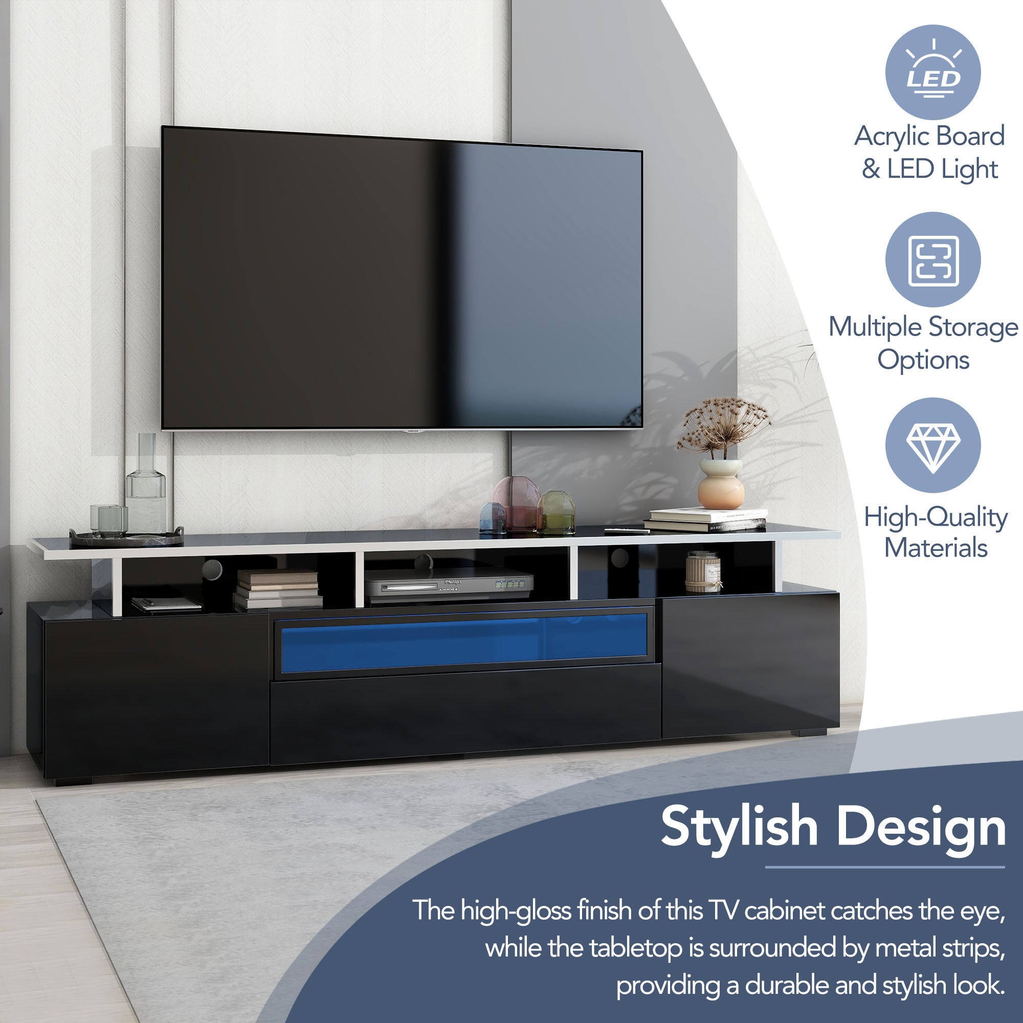 ON-TREND Modern TV Stand with Push to Open Doors, UV High-Gloss Entertainment Center with Acrylic Board for TVs Up to 80", Stylish TV Cabinet with LED Color Changing Lights for Living Room, Black