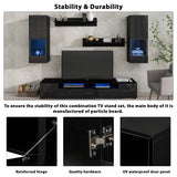 ON-TREND Extended, Minimalist Style 7 Pieces Floating TV Stand Set, High Gloss Wall Mounted Entertainment Center with 16-color LED Light Strips for 90+ inch TV, Black