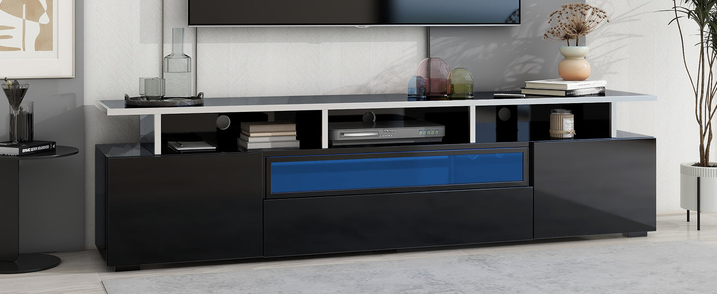 ON-TREND Modern TV Stand with Push to Open Doors, UV High-Gloss Entertainment Center with Acrylic Board for TVs Up to 80", Stylish TV Cabinet with LED Color Changing Lights for Living Room, Black