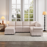 108.6" Beige Fabric Upholstered Modular Sofa with removable Ottoman