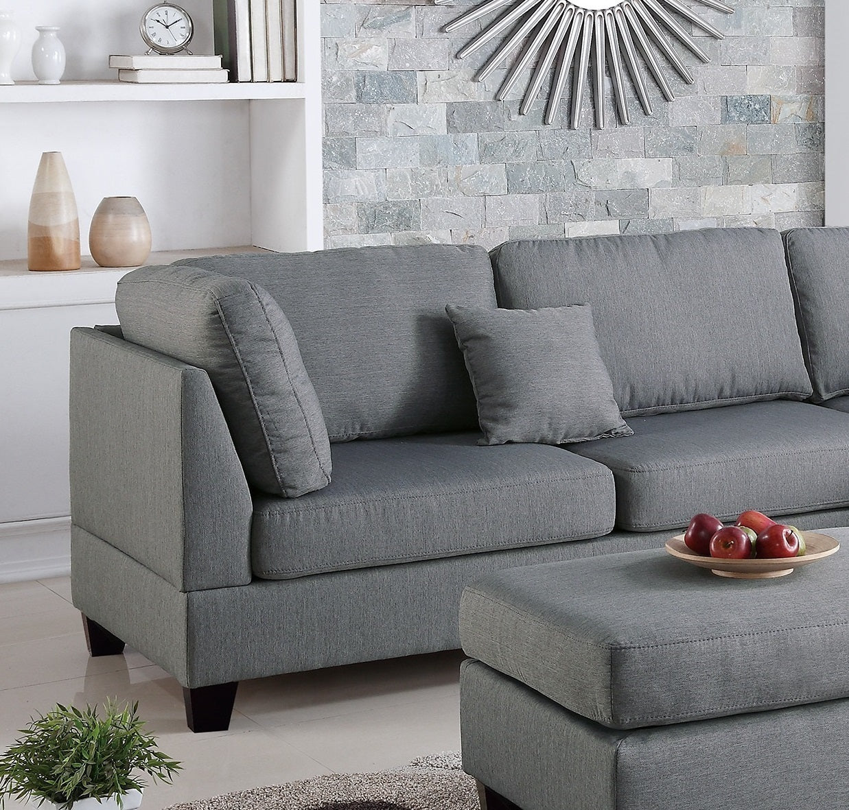 Grey Linen 3pcs Reversible Chaise And Ottoman