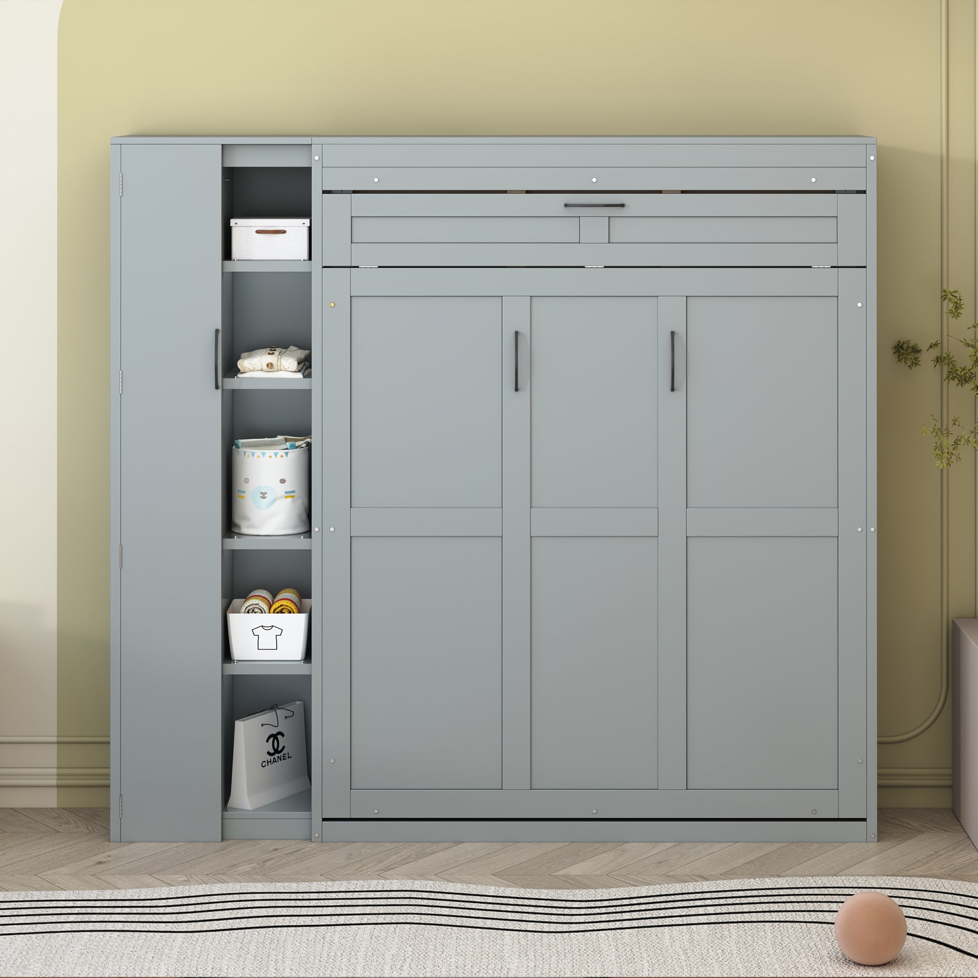 Full Size Murphy Bed Wall Bed with Shelves, Wardrobe and LED Lights,Gray
