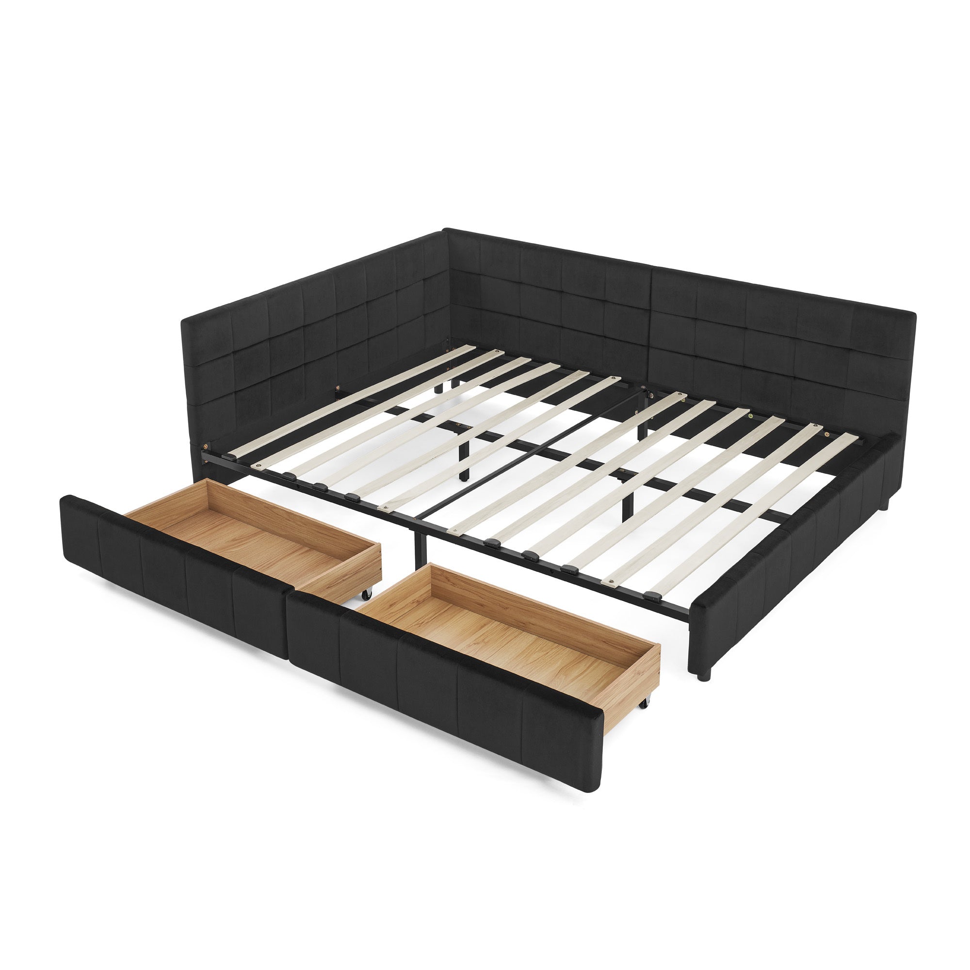 Mid-Century Velvet Upholstered Tufted Full Size Storage Bed Frame with Backrest and Armrests, Black