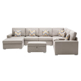 Nolan Beige Linen Fabric 8Pc Reversible Chaise Sectional Sofa with Interchangeable Legs, Pillows, Storage Ottoman, and a USB, Charging Ports, Cupholders, Storage Console Table