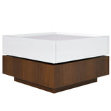 [VIDEO provided] ON-TREND Square 360°Rotating Coffee Table with 2 Drawers, High Gloss 2-Tier Center Table with Swivel Tabletop and Storage, Walnut Table Frame Side Table for Living Room, White