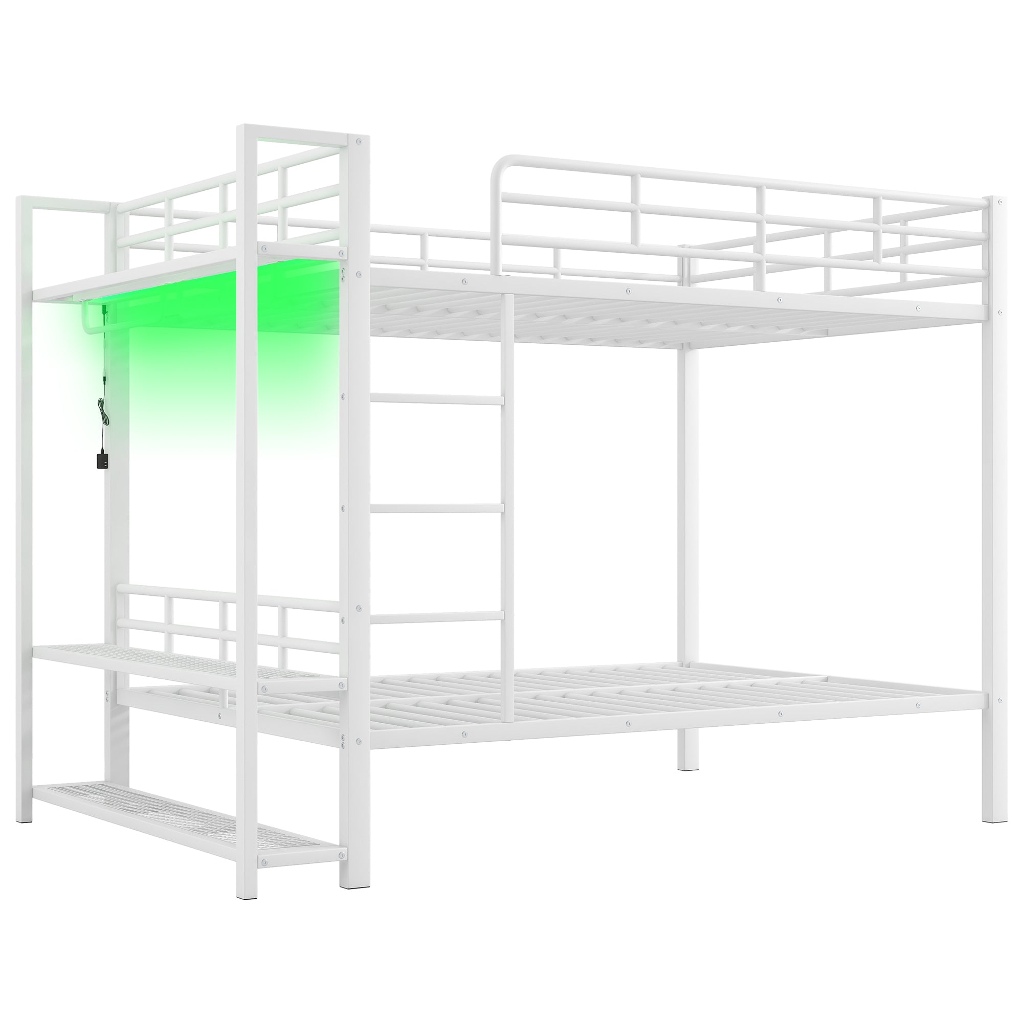 Modern White Metal Full Over Full Bunk Bed with LED Light, Mesh Shelves, Clothes Hooks, and Reinforced Guardrails