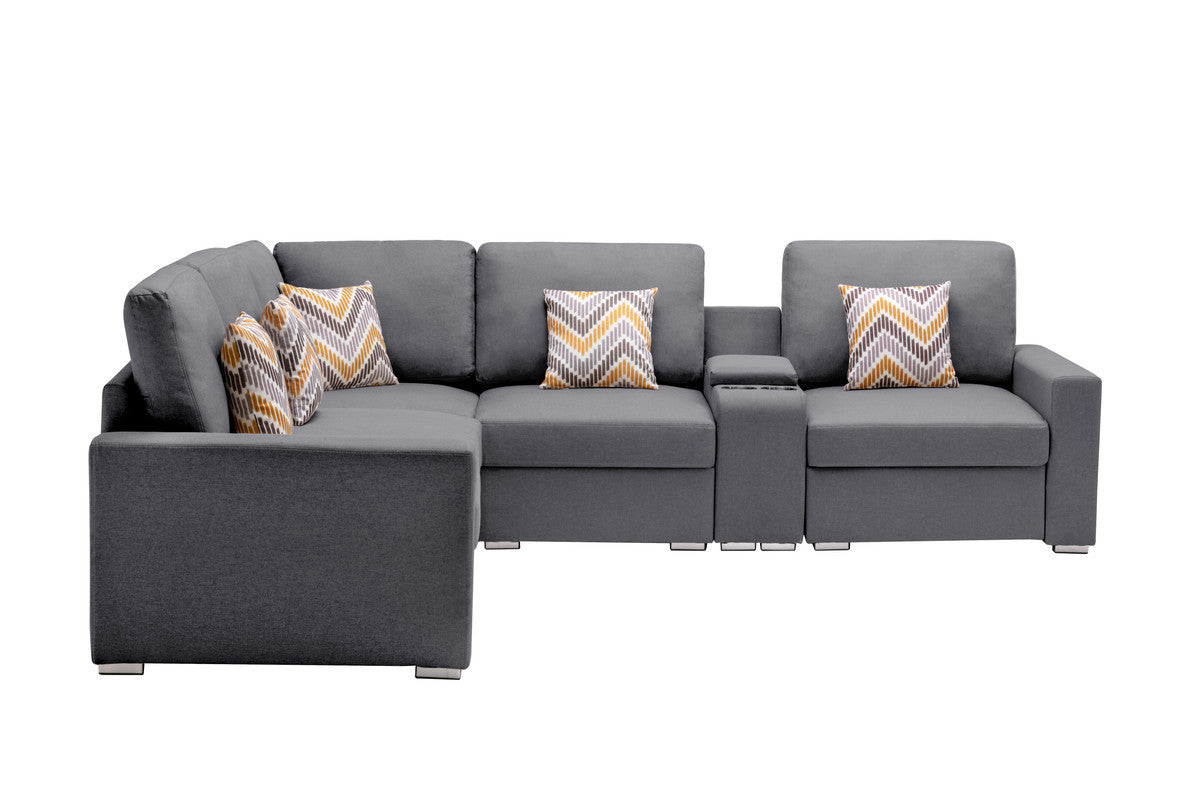 Nolan Gray Linen Fabric 6Pc Reversible Sectional Sofa with a USB, Charging Ports, Cupholders, Storage Console Table and Pillows and Interchangeable Legs