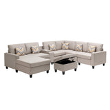 Nolan Beige Linen Fabric 8Pc Reversible Chaise Sectional Sofa with Interchangeable Legs, Pillows, Storage Ottoman, and a USB, Charging Ports, Cupholders, Storage Console Table