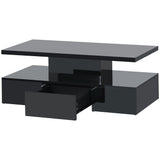 ON-TREND Modern Glossy Coffee Table With Drawer, 2-Tier Rectangle Center Table with LED lighting for Living room, 39.3''x19.6''x15.3'', Black