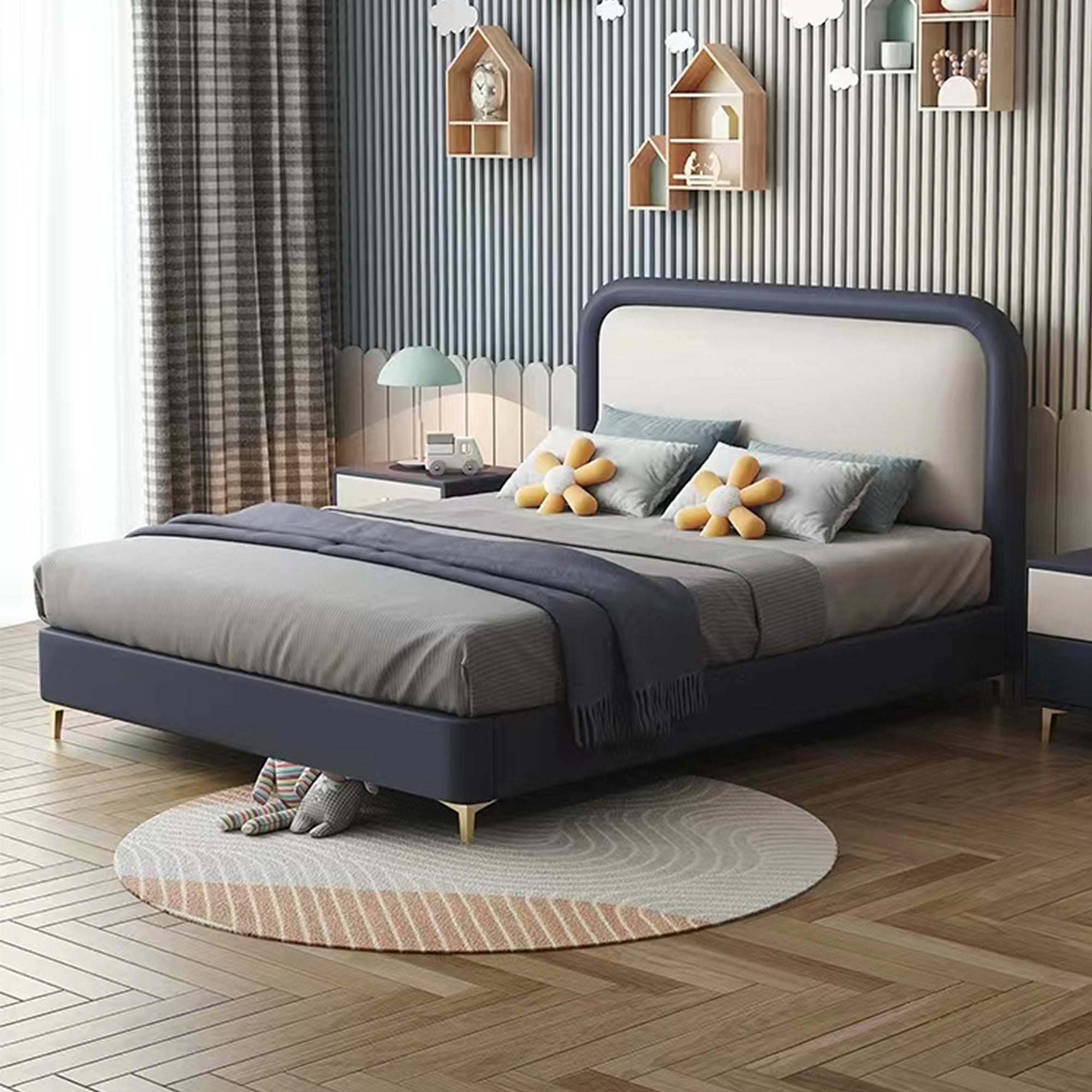 Modern Faux Leather Upholstered Platform Bed Frame with Soft Headboard, Solid Wooden Slats Support