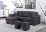 Dennis Dark Gray Linen Fabric Reversible Sleeper Sectional with Storage Chaise and 2 Stools