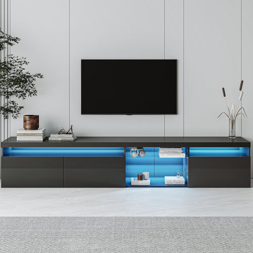 ON-TREND Unique Design TV Stand with 2 Glass Shelves, Ample Storage Space Media Console for TVs Up to 105", Versatile TV Cabinet with LED Color Changing Lights for Living Room, Black
