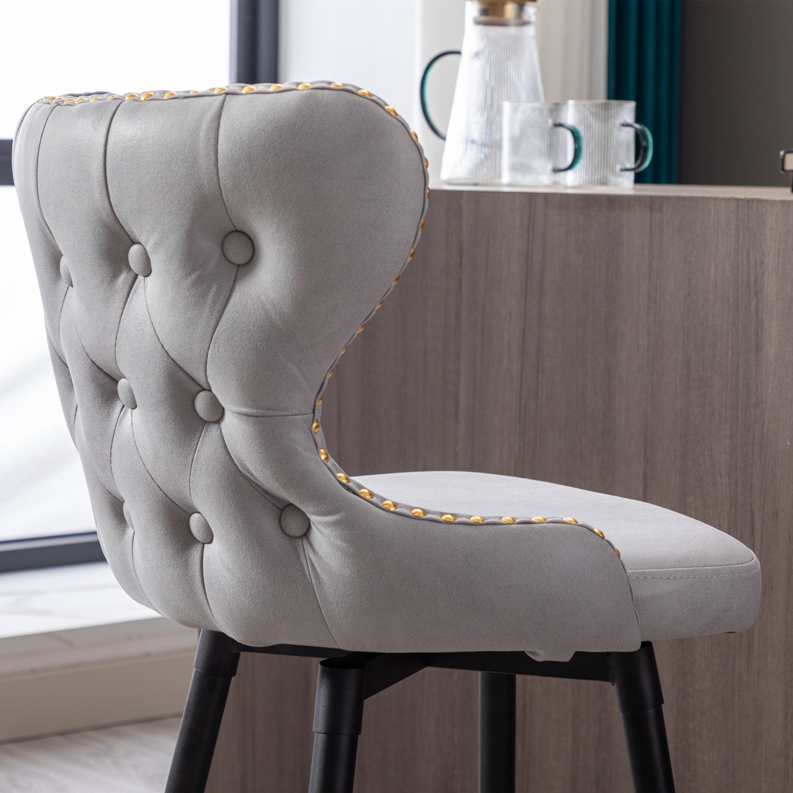 A&A Furniture,Counter Height 25" Modern Leathaire Fabric bar chairs,180° Swivel Bar Stool Chair for Kitchen,Tufted Gold Nailhead Trim Bar Stools with Metal Legs,Set of 2 (Light Gray)
