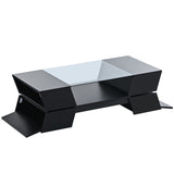 ON-TREND 6mm Glass-Top Coffee Table with Open Shelves and Cabinets, Geometric Style Cocktail Table with Great Storage Capacity, Modernist 2-Tier Center Table for Living Room, Black