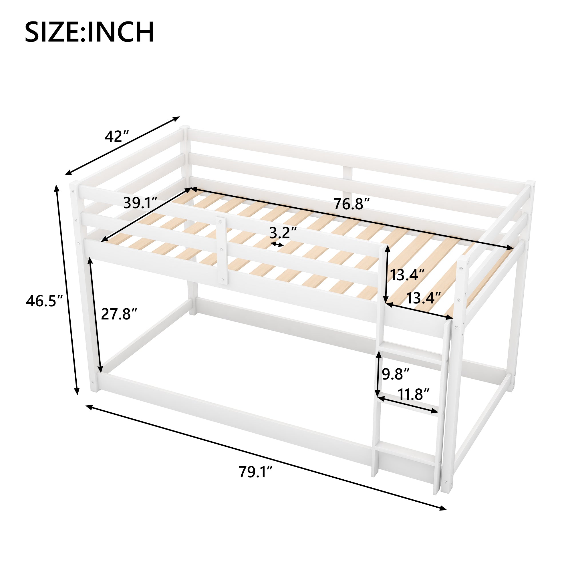 Twin over Twin Floor Bunk Bed with Ladder , White(Old SKU:WF281727AAK/WF286602AAK)