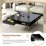 ON-TREND Exquisite High Gloss Coffee Table with 4 Golden Legs and 2 Small Drawers, 2-Tier Square Center Table for Living Room, Black