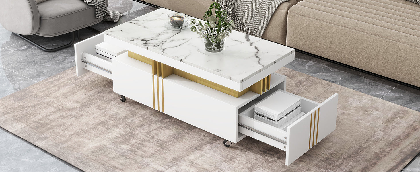 [VIDEO provided] ON-TREND Contemporary Coffee Table with Faux Marble Top, Rectangle Cocktail Table with Caster Wheels, Moderate Luxury Center Table with Gold Metal Bars for Living Room, White