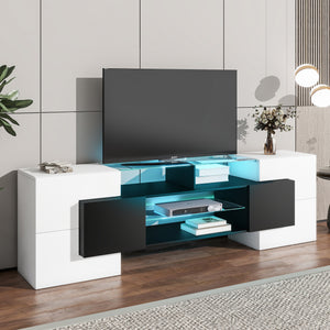 ON-TREND Unique Shape TV Stand with 2 Illuminated Glass Shelves, High Gloss Entertainment Center for TVs Up to 88", Versatile TV Cabinet with LED Color Changing Lights for Living Room, Black&White