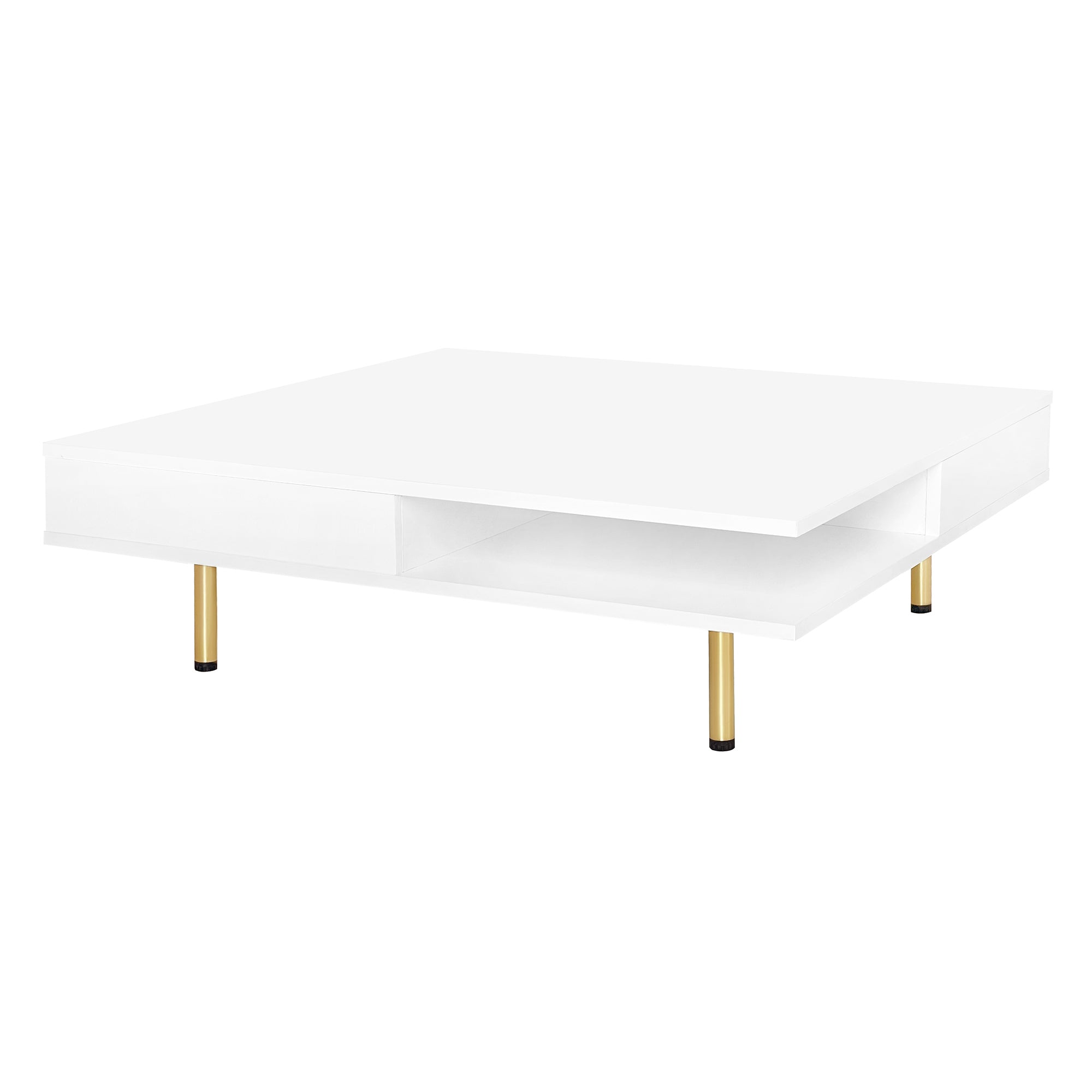 ON-TREND Exquisite High Gloss Coffee Table with 4 Golden Legs and 2 Small Drawers, 2-Tier Square Center Table for Living Room, White
