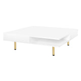 ON-TREND Exquisite High Gloss Coffee Table with 4 Golden Legs and 2 Small Drawers, 2-Tier Square Center Table for Living Room, White