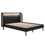 Modern Cannage Rattan Wood Platform Queen Bed, Black