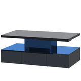 ON-TREND Modern Glossy Coffee Table With Drawer, 2-Tier Rectangle Center Table with LED lighting for Living room, 39.3''x19.6''x15.3'', Black