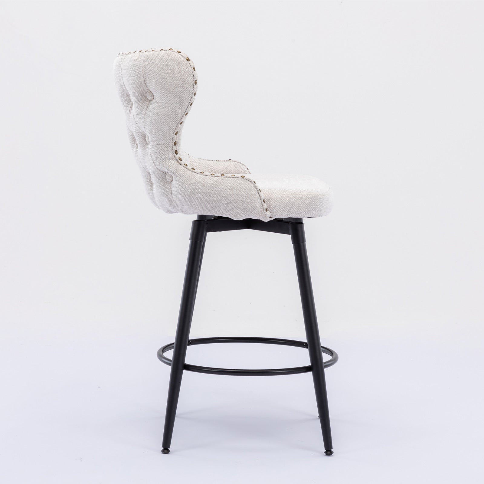 A&A Furniture,Counter Height 25" Modern Linen Fabric bar chairs,180° Swivel Bar Stool Chair for Kitchen,Tufted Cupreous Nailhead Trim Burlap Bar Stools with Metal Legs,Set of 2 (Beige)