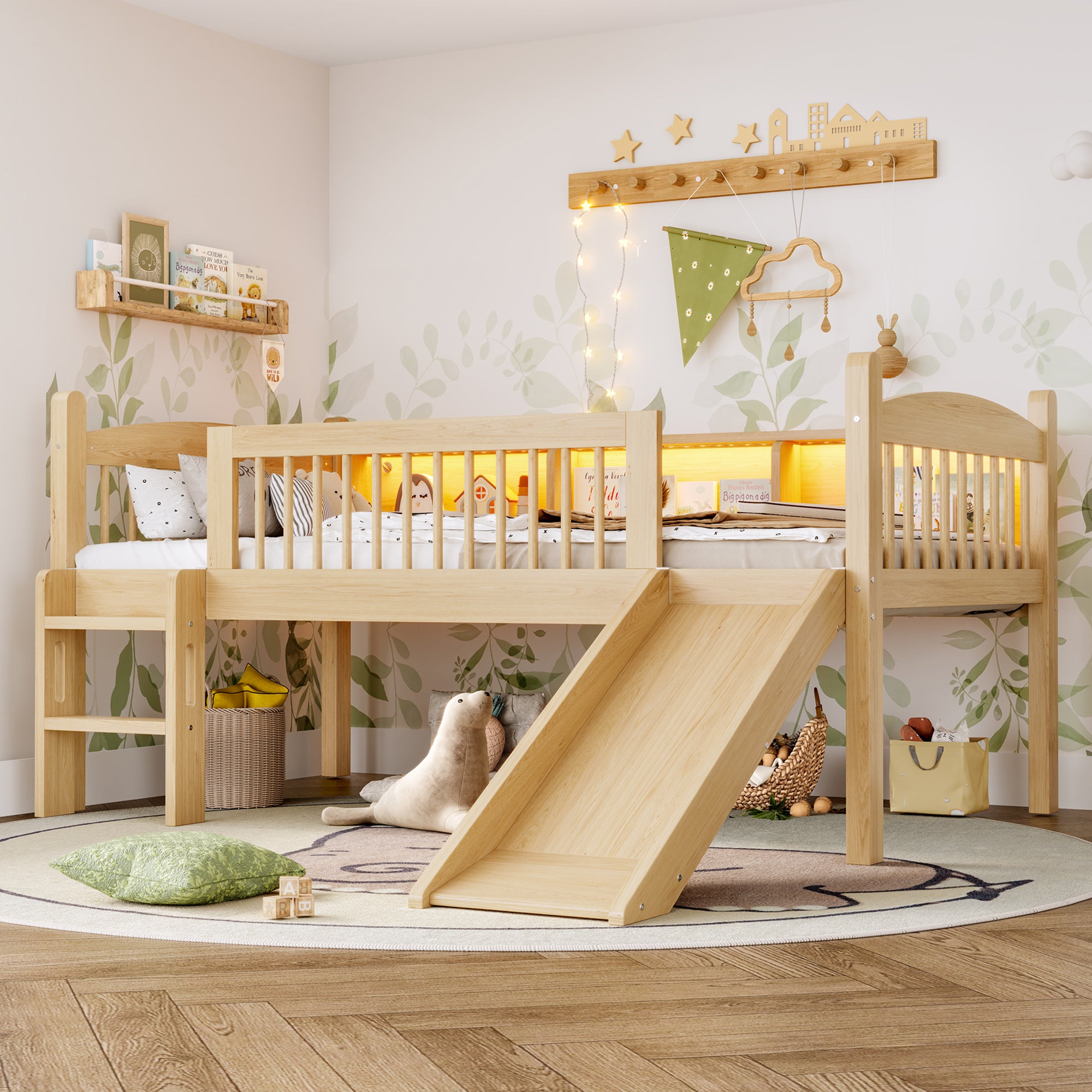 Twin XL Loft Bed with Storage Shelves, Solid Wood Lower Loft Bed with LED Lights and Full-length Guardrails, No Box Spring Needed,  Natural