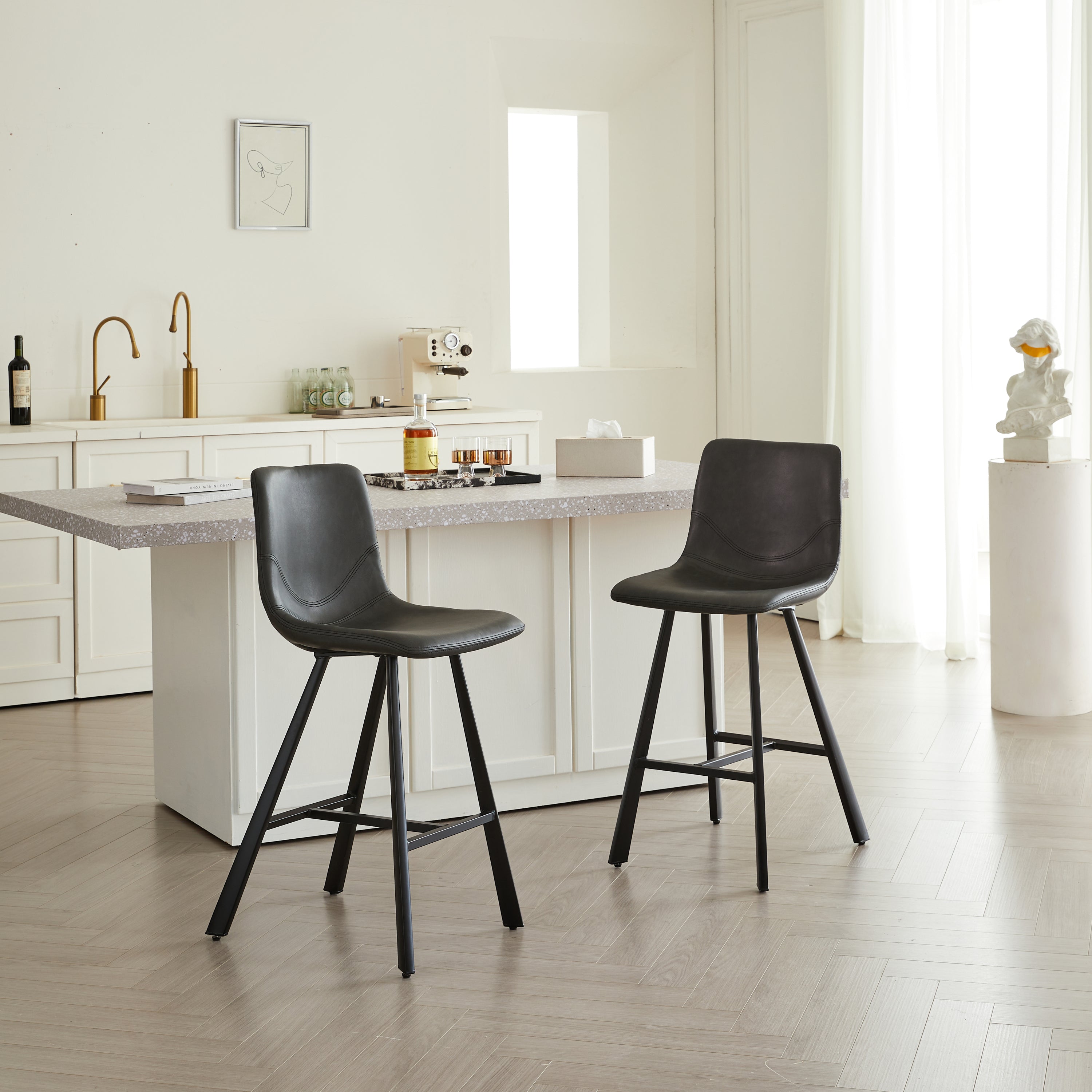 Modern Black Faux Leather Bar Stool with Ergonomic Backrest & Footrest - Sturdy Metal Frame Counter Height Seating for Kitchen Island, Home Pub & Restaurant 2 sets