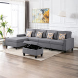 Nolan Gray Linen Fabric 5Pc Reversible Sofa Chaise with Interchangeable Legs, Storage Ottoman, and Pillows