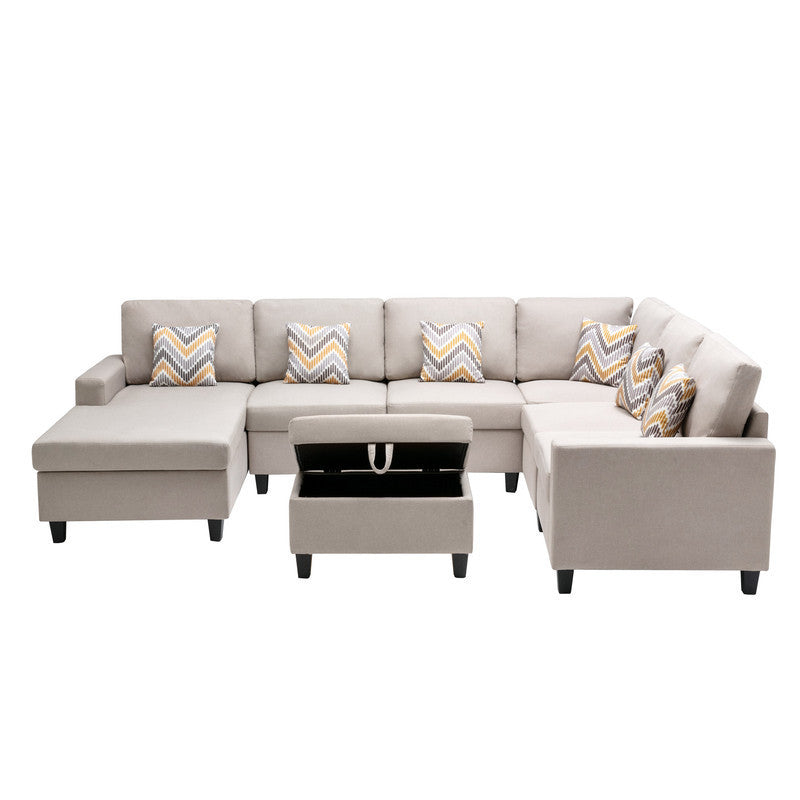 Nolan Beige Linen Fabric 7Pc Reversible Chaise Sectional Sofa with Interchangeable Legs, Pillows and Storage Ottoman