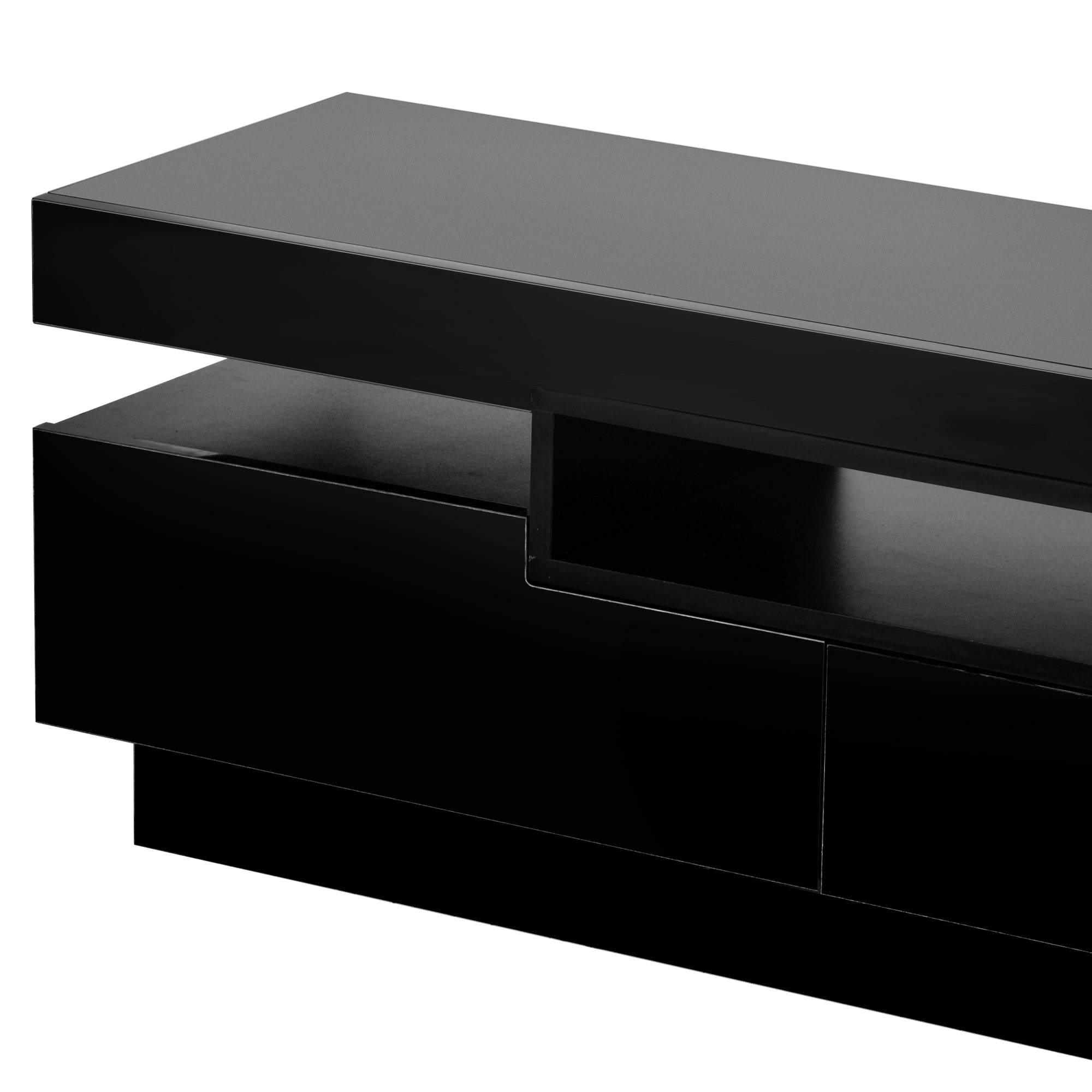 On-Trend TV Stand with 4 Open Shelves, Modern High Gloss Entertainment Center for 75 Inch TV, Universal TV Storage Cabinet with 16-color RGB LED Color Changing Lights, Black