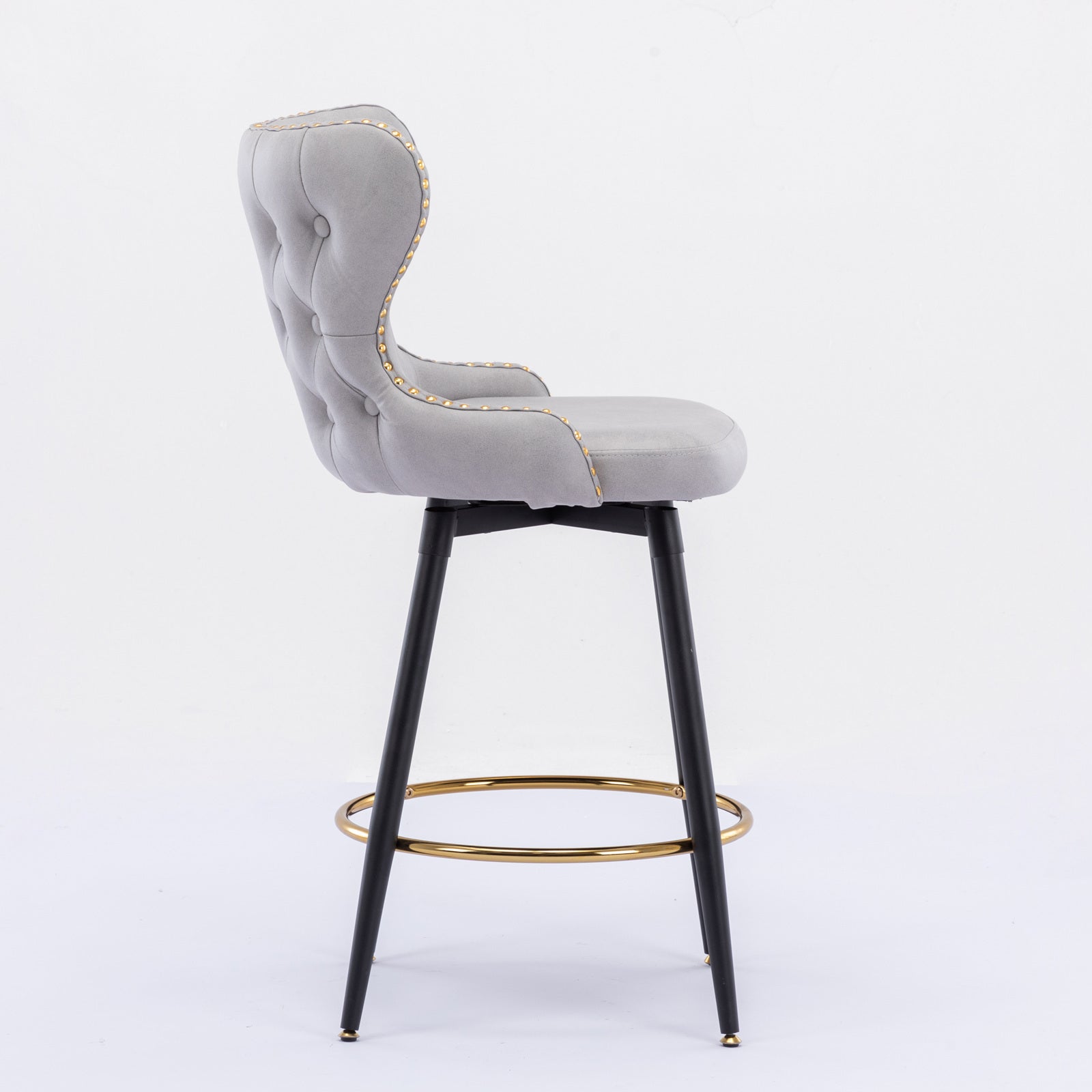 A&A Furniture,Counter Height 25" Modern Leathaire Fabric bar chairs,180° Swivel Bar Stool Chair for Kitchen,Tufted Gold Nailhead Trim Bar Stools with Metal Legs,Set of 2 (Light Gray)