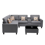 Nolan Gray Linen Fabric 7Pc Reversible Sectional Sofa with Interchangeable Legs, Pillows, Storage Ottoman, and a USB, Charging Ports, Cupholders, Storage Console Table