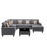 Nolan Gray Linen Fabric 8Pc Reversible Chaise Sectional Sofa with Interchangeable Legs, Pillows, Storage Ottoman, and a USB, Charging Ports, Cupholders, Storage Console Table