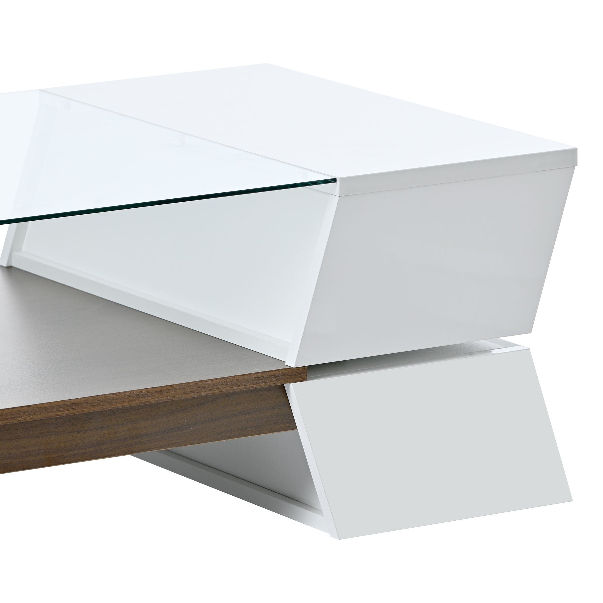 [VIDEO provided] ON-TREND 6mm Glass-Top Coffee Table with Open Shelves and Cabinets, Geometric Style Cocktail Table with Great Storage Capacity, Modernist 2-Tier Center Table for Living Room, White