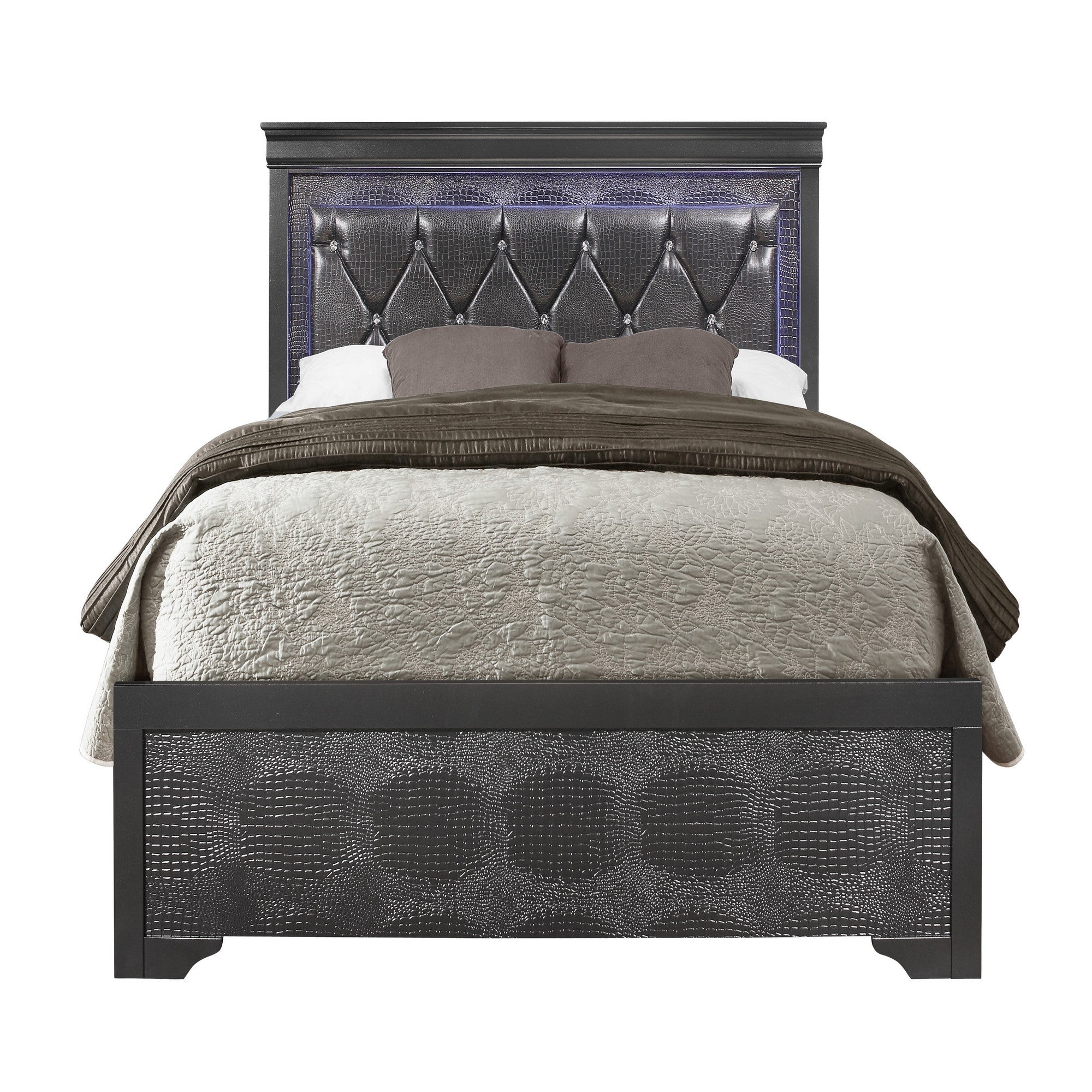 SHAKER Metallic Grey Full Bed with LED Lighting and Tufted Headboard