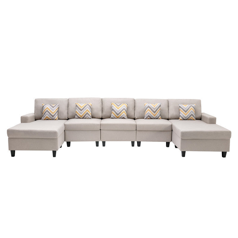 Nolan Beige Linen Fabric 5Pc Double Chaise Sectional Sofa with Pillows and Interchangeable Legs