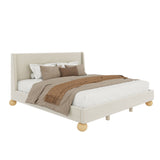 Modern Velvet Upholstered Platform Bed with Wingback Headboard and Round Wooden Legs, Cream,King Size