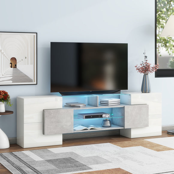 ON-TREND Unique Shape TV Stand with 2 Illuminated Glass Shelves, High Gloss Entertainment Center for TVs Up to 88