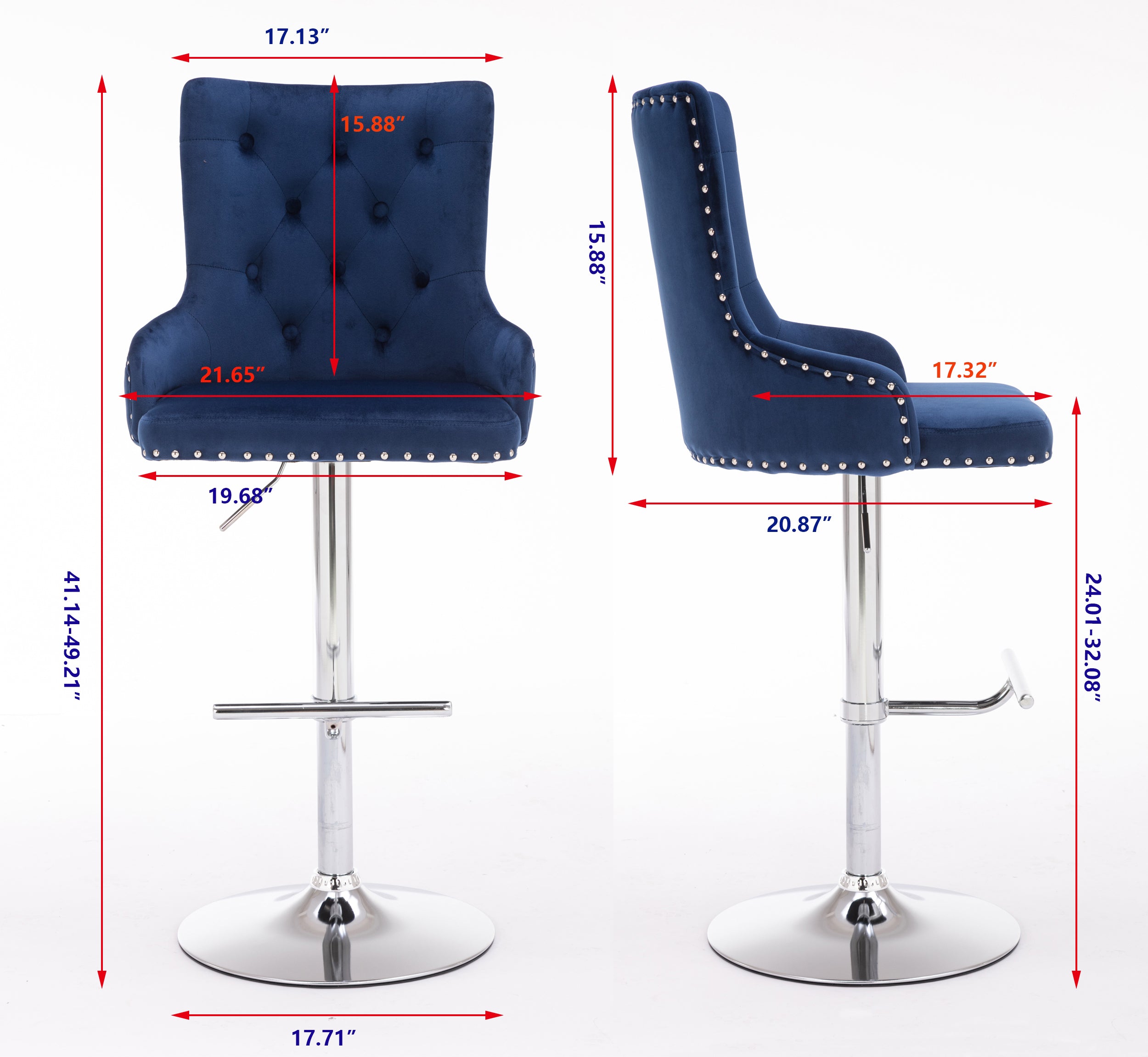 Swivel Velvet Barstools Adjusatble Seat Height , Modern Upholstered Bar Stools with Backs Comfortable Tufted for Home Pub and Kitchen Island（Dark Navy,Set of 2）