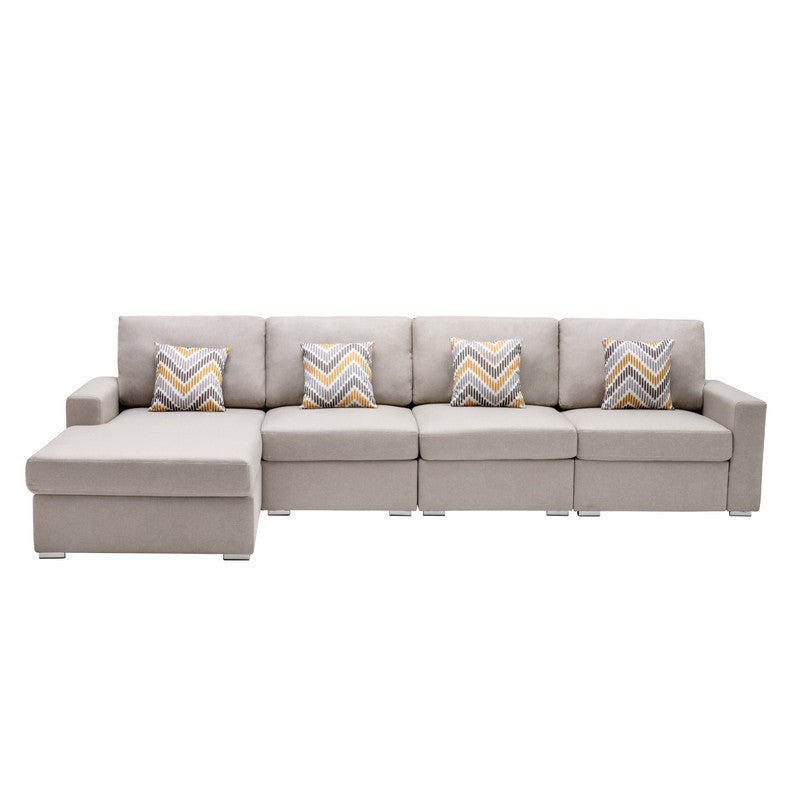 Nolan Beige Linen Fabric 4Pc Reversible Sectional Sofa Chaise with Pillows and Interchangeable Legs