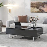 [VIDEO provided] ON-TREND Multi-functional Coffee Table with Lifted Tabletop, Contemporary Cocktail Table with Metal Frame Legs, High-gloss Surface Dining Table for Living Room, Black