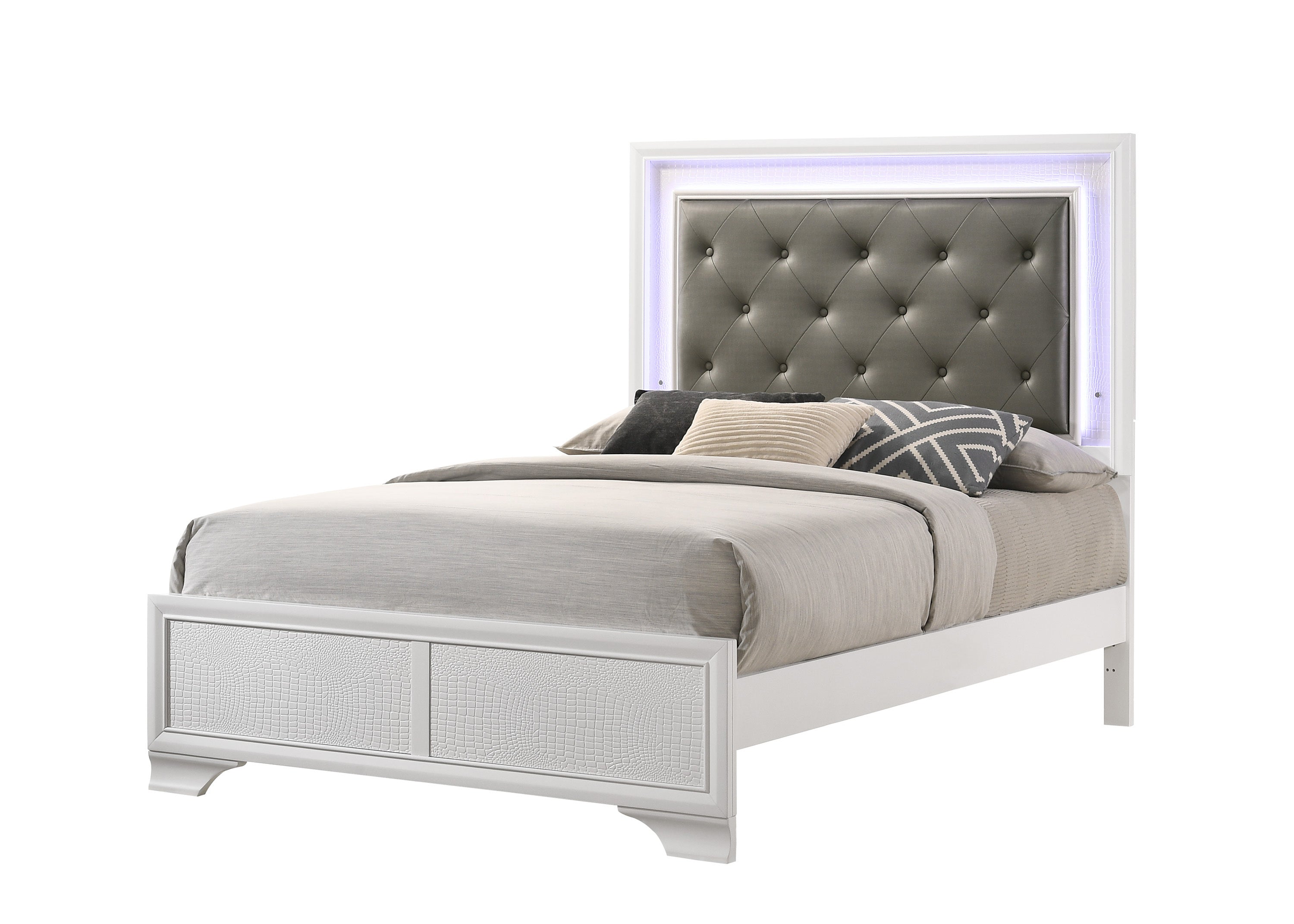 Modern White Crocodile Skin Finish Upholstered 1pc Full Size LED Panel Bed Faux Diamond Tufted Bedroom Furniture