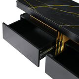 ON-TREND Luxury TV Stand with High Gloss Faux Marble Top for TVs Up to 78'', Rectangle Media Console with Golden Panel Design, Practical Entertainment Center with 3 Drawers for Living Room, Black