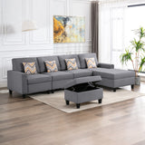 Nolan Gray Linen Fabric 5Pc Reversible Sofa Chaise with Interchangeable Legs, Storage Ottoman, and Pillows