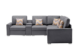 Nolan Gray Linen Fabric 6Pc Reversible Sectional Sofa with a USB, Charging Ports, Cupholders, Storage Console Table and Pillows and Interchangeable Legs