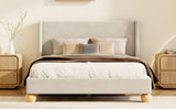 Modern Velvet Upholstered Platform Bed with Wingback Headboard and Round Wooden Legs, Cream,King Size