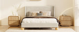 Modern Velvet Upholstered Platform Bed with Wingback Headboard and Round Wooden Legs, Cream,King Size