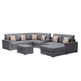 Nolan Gray Linen Fabric 8Pc Reversible Chaise Sectional Sofa with Interchangeable Legs, Pillows, Storage Ottoman, and a USB, Charging Ports, Cupholders, Storage Console Table